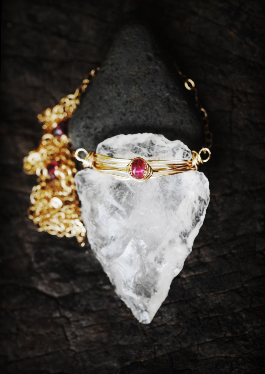 Quartz Crystal arrowhead pendant with petite Watermelon Tourmaline // Wire wrapped jewelry // Boho // lovingly handmade in Hawaii //