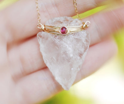 Quartz Crystal arrowhead pendant with petite Watermelon Tourmaline // Wire wrapped jewelry // Boho // lovingly handmade in Hawaii //