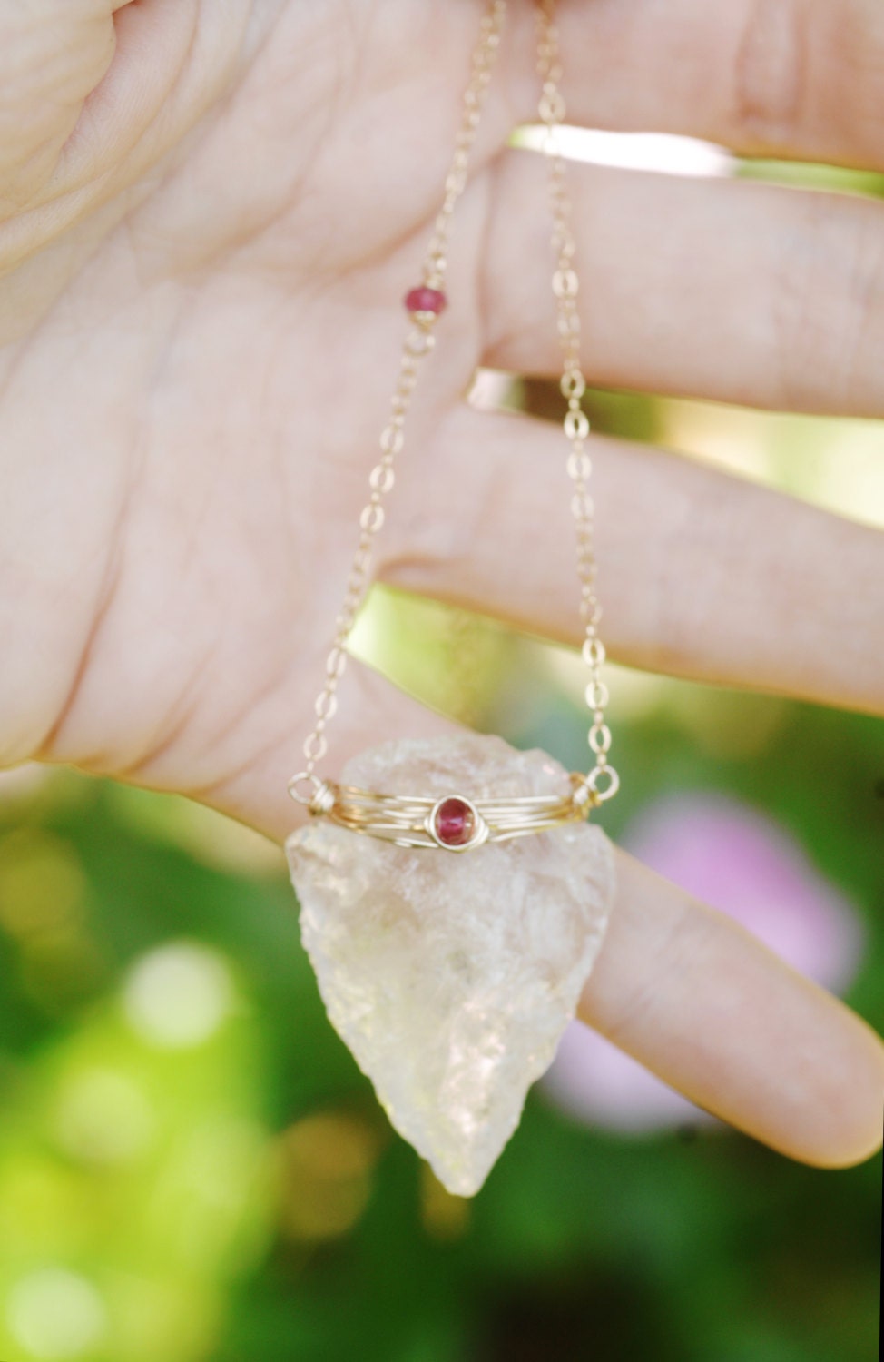 Quartz Crystal arrowhead pendant with petite Watermelon Tourmaline // Wire wrapped jewelry // Boho // lovingly handmade in Hawaii //