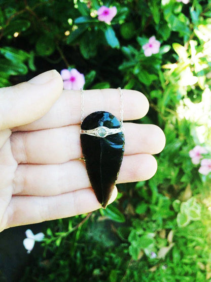 MOON WARRIOR Obsidian Arrowhead pendant with Rainbow Moonstone Labradorite // Wire wrapped jewelry // Boho // Handmade in Hawaii with love //