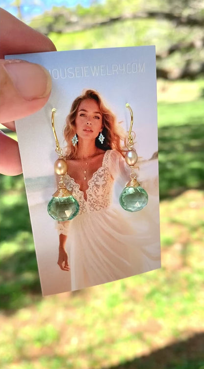 Delightful Aqua Chalcedony and petite pearl dangle earrings. Glowing & AMAZING natural gemstones and pearls. Available with more gemstones. Handmade in Hawaii with love 💗