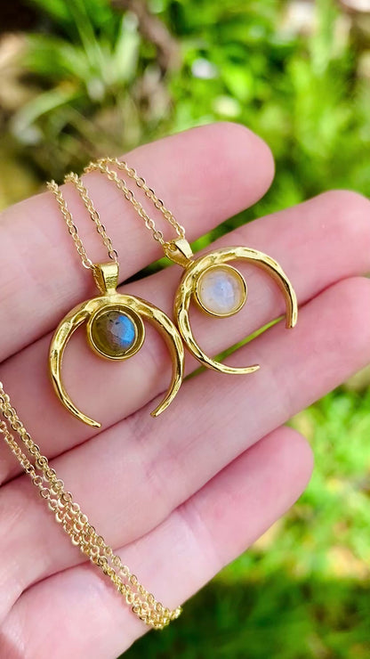 Rainbow MoonStone or Blue Labradorite hammered gold horn Necklace // High quality 24K Gold filled made in Hawaii with love //