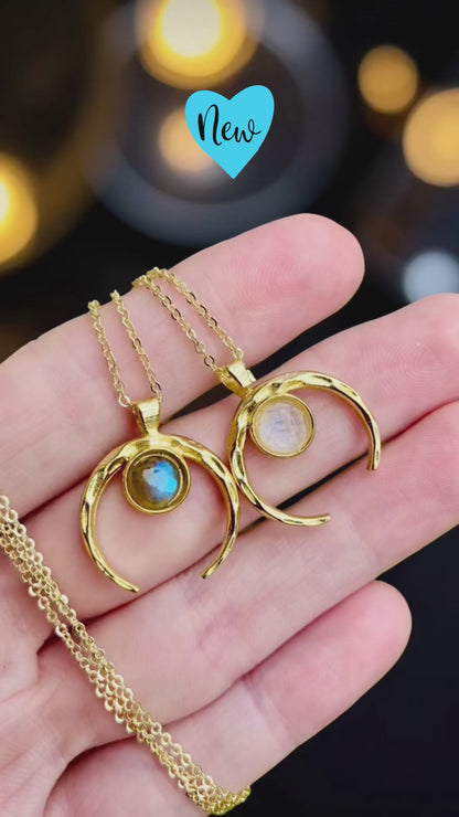 Rainbow MoonStone or Blue Labradorite hammered gold horn Necklace // High quality 24K Gold filled made in Hawaii with love //