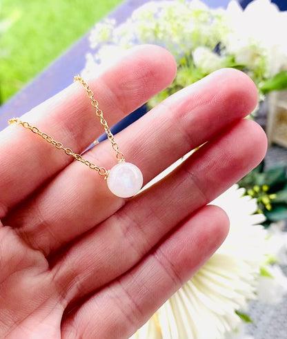 Stunning Rainbow Moonstone dewdrop necklace // Blue glow round gemstone // 24K gold filled or silver wire // Handmade in Hawaii with love //