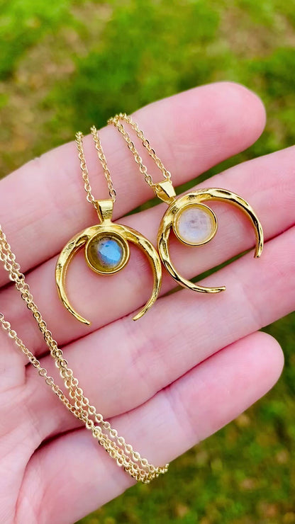Rainbow MoonStone or Blue Labradorite hammered gold horn Necklace // High quality 24K Gold filled made in Hawaii with love //