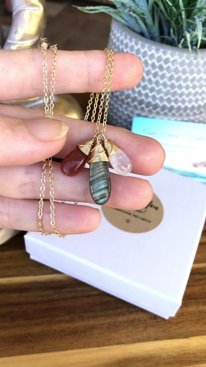 AMAZING Labradorite, Moonstone & Sunstone trio necklace // AMAZING, Glowing, AAA gemstones // Wire wrapped jewelry made in Hawaii with  love //